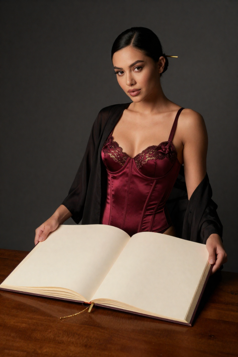 PrimeBioLinks muse in wine-red satin corset lingerie beside an oversized folio biography open to blank pages