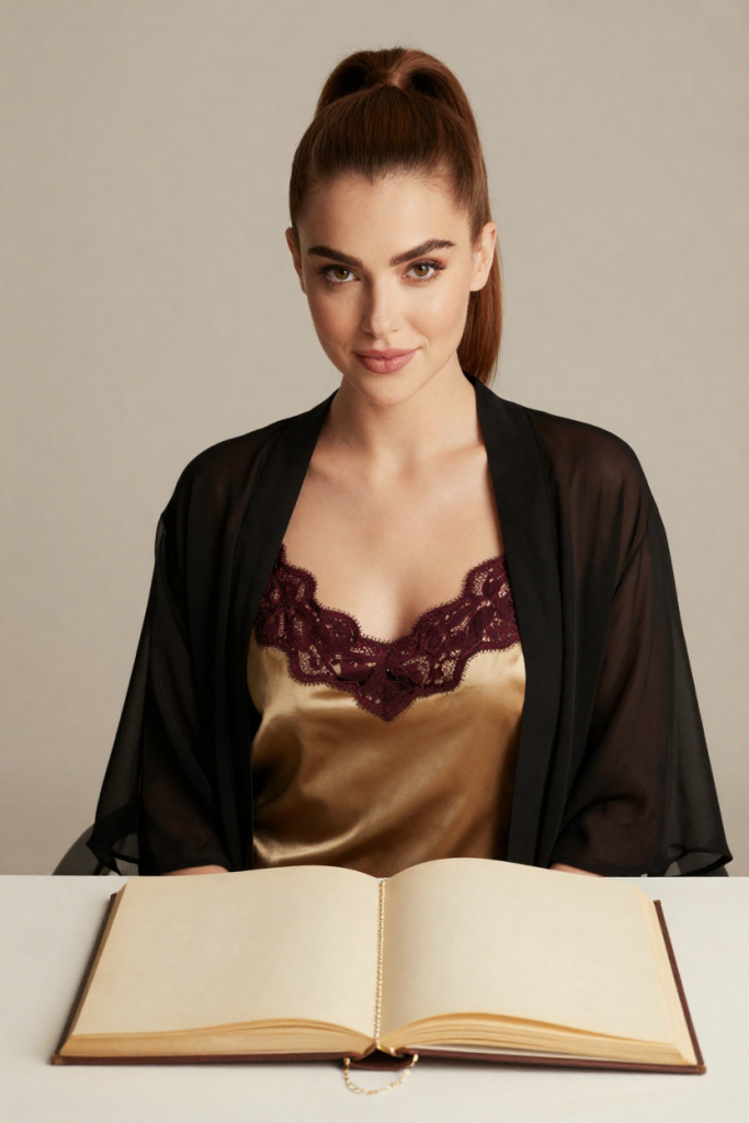 PrimeBioLinks muse in gold silk slip dress with a folio biography and gold bookmark chain