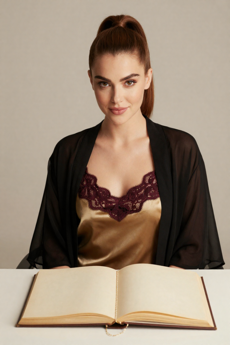 PrimeBioLinks muse in gold silk slip dress with a folio biography and gold bookmark chain